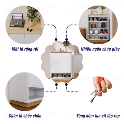 Tủ Giày Gỗ Chống Ẩm FIVO FS54 Màu Gỗ Phối Trắng, Ngăn Tủ Điều Chỉnh Linh Hoạt, Có Cửa Giúp Bảo Quản Tốt Giày Dép, Mặt Tủ Rộng Rãi Chứa Được Nhiều Đồ