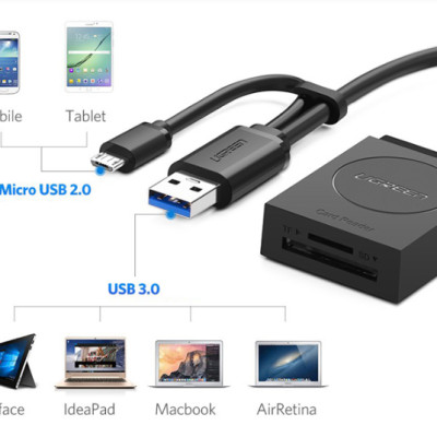 Đầu đọc thẻ nhớ Micro SD/SD chuẩn USB 3.0 + OTG Ugreen 20203 - Hàng chính hãng