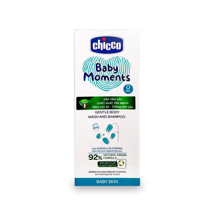 Sữa TẮM GỘI CHICCO Baby Moments Chiếc Xuất Yến Mạch Dưỡng Ẩm Mềm Da Chống Rôm Sảy, từ 0 Tháng Tuổi, chai 200ml/500ml