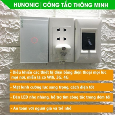 Công tắc cảm ứng Hunonic Datic 1 nút kết nối Wifi điều khiển mọi thiết bị từ xa qua điện thoại, 2 màu trắng và đen