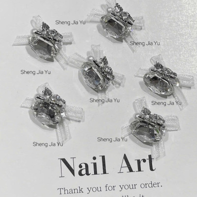 Set 6 Viên Charm Đá Khối Siêu Sáng Mix Nơ Voan Làm Nail Sang Chảnh Sheng Jia Yu, Charm Đá Viên Hình Trứng Có Nơ Đính Móng Màu Hồng Trắng Xanh Women Nữ