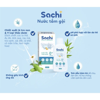 Nước tắm thảo dược SACHI dịu mát da, phòng rôm sảy, mẩn ngứa, hăm tã, bảo vệ làn da cho bé chai 250ml