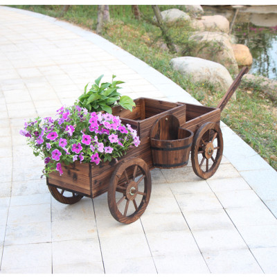 Kệ gỗ để chậu hoa cây cảnh trang trí nhà cửa sân vườn có bánh xe di chuyển tiện lợi kiểu dáng vintage cổ điển màu sắc tự nhiên, thân thiện với môi trường