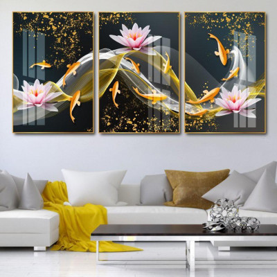 Tranh treo tường tráng gương cá chép vàng & hoa sen hồng 3d decor trang trí cầu thang, phòng ngủ và phòng khách bộ 3 bức