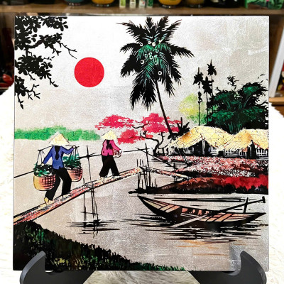Tranh sơn mài đồng quê vẽ vàng, hàng xuất khẩu 30x30 cm