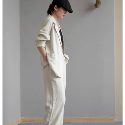 Set bộ áo khoác blazer tay dài và quần ống rộng cạp chun cực phong cách, tối giản, vintage