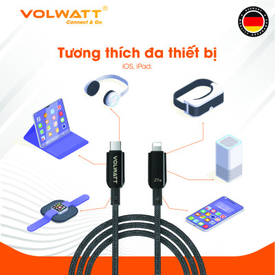 Cáp sạc nhanh 27W Volwatt GE-A35-CL hàng chính hãng| Cáp Type-C to L, có LED hiển thị công suất, dài 1.2m – BH 1 đổi 1