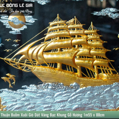 Tranh Đồng Thuận Buồm Xuôi Gió dát vàng bạc khung gỗ hương 1m55 x 88cm