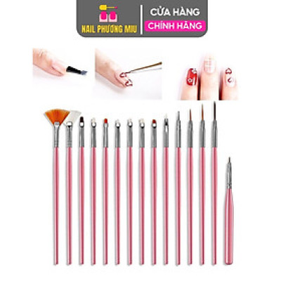 Cọ Vẽ Móng Làm Nail Sét 15 Cây Cán Nhựa Abs, Tay Cầm Không Gỉ, Đầu Lông Mềm Dẻo Đen Hồng Dài 14cm Tạo Mẫu Móng - Nail Phương Miu