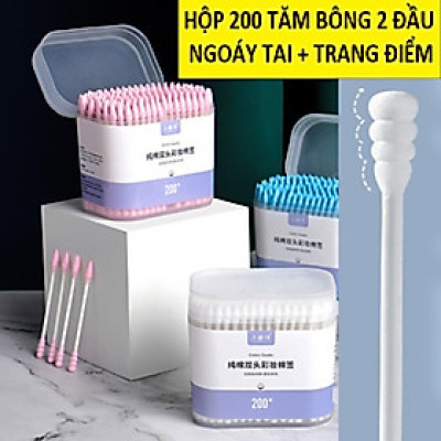 Sản phẩm dụng cụ trang điểm làm đẹp _ Combo hộp 200c tăm bông ráy tai lớn  cao cấp với 2 đầu tăm thiết kế hình dáng khác nhau làm sạch sâu bên trong , an toàn và tiện lợi 