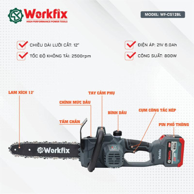 Máy cưa xích pin Workfix WF-CS12BL, Động cơ Không chổi than, Chiều dài lam 28cm - Pin Khủng 15 cell
