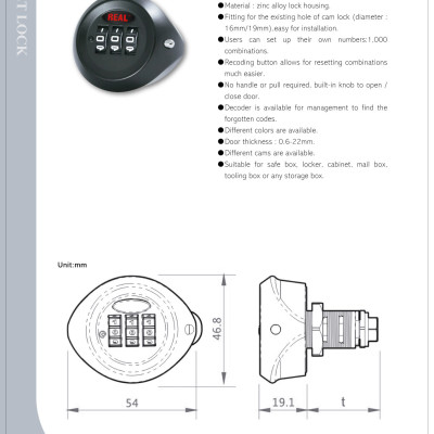 RL9047-10 Khóa tủ, khóa hòm thư mật mã REAL 3 codes dài 36.6mm