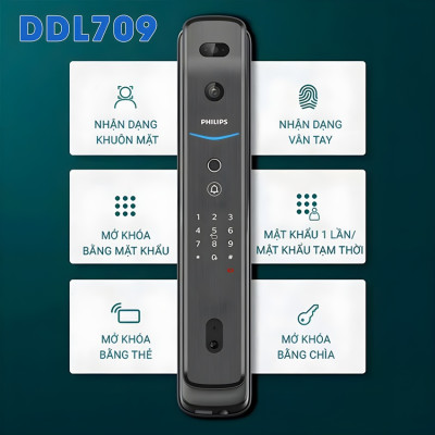 Bộ khóa cửa thông minh khuôn mặt 3D Face, vân tay, thẻ từ, mật khẩu và chìa cơ. Thương hiệu Hà Lan cao cấp Philips DDL709-7HWS. Hàng chính hãng