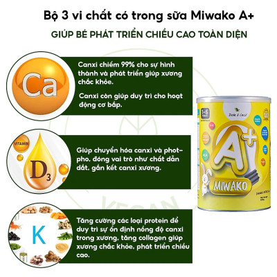 Combo 4 Hộp Sữa Công Thức Hữu Cơ Miwako A+ Vị Vani 400g (1.6Kg) Nhập Khẩu Malaysia, Sữa Hạt Cho Bé Từ 1 - 6 Tuổi Giúp Phát Triển Trí Não Chiều Cao