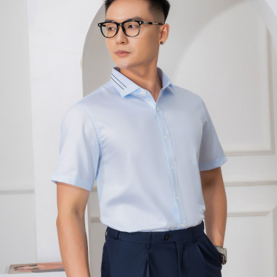 Áo sơ mi nam ngắn tay ALIGRO màu xanh vải cotton chống nhăn, kháng khuẩn cao cấp form slim vừa công sở ALGS-C114