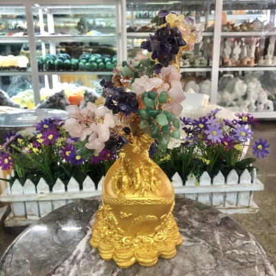 Cây Tài Lộc phong thủy đá thạch anh ngũ sắc với đế hình thỏi vàng để bàn làm việc, bàn thờ thần tài - Cao 30 cm