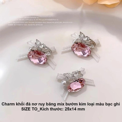 Đá Khối Mix Charm Nơ Voan Siêu Sáng Nhiều Màu Nghệ Thuật Hình Trứng Đá Viên Khoan Đa Mặt Làm Nail Nữ Women