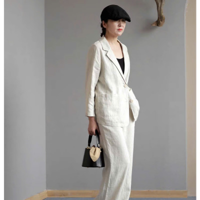 Set bộ áo khoác blazer tay dài và quần ống rộng cạp chun cực phong cách, tối giản, vintage