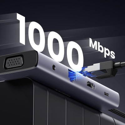 Ugreen UG15601CM498TK USB type C sang 1 x HDMI 4K30hz + 1 x VGA xuất cùng lúc + 1 x RJ45 1Gbps + TF + SD + 3 x USB 3.0 + 1 x 3.5mm NO MIC + 1 x USB-C PD 100W Bộ chuyển 10in1 - HÀNG CHÍNH HÃNG