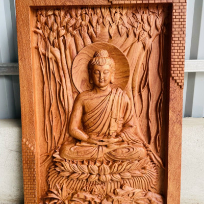 Tranh điêu khắc  phật thích ca và phật adi đà bằng gỗ hương đá liền khối kt 46×67×4cm 