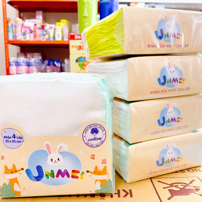 Gói 50 Khăn sữa vải gạc Unmei Dày 4 lớp 25x25cm 100% cotton (Đồ dùng vệ sinh cho bé)