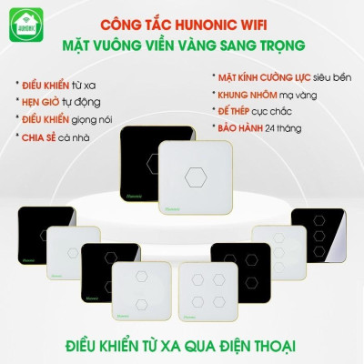 Công Tắc Cảm Ứng Hunonic Wifi Mặt Vuông, Điều Khiển Mọi Thiết Bị Từ Xa Qua Điện Thoại Và Giọng Nói