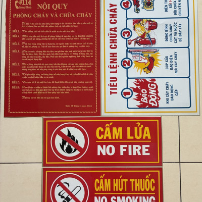 Bộ 4 bảng chất liệu tôn cao cấp gồm: Nội quy - Tiêu lệnh Phòng cháy chữa cháy - Cấm Thuốc - Cấm lửa