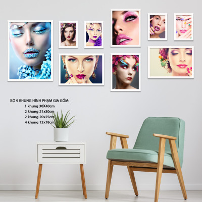 Bộ Khung Ảnh Treo Tường Treo Tiệm Makeup, Trang Điểm Cô Dâu, Salon Tóc, Các Sản Phẩm Làm Đẹp Tặng Kèm bộ ảnh như hình mẫu, đinh treo tranh và sơ đồ treo PGC263
