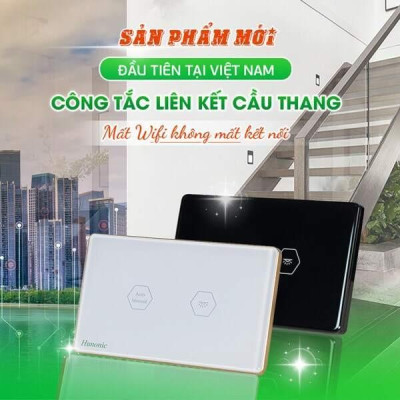 Công Tắc Cầu Thang Wifi Hunonic Viền Vàng Liên Kết Đảo Chiều Không Cần Mạng Internet