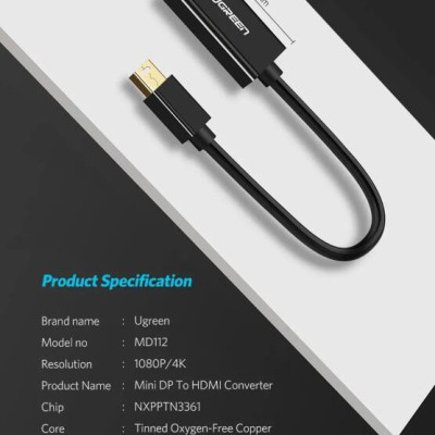 Ugreen UG40360MD112TK 25CM màu Đen Cáp chuyển đổi Mini DP sang HDMI hỗ trợ phân giải 4K x 2K - HÀNG CHÍNH HÃNG