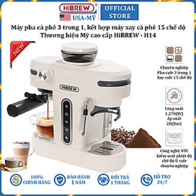 Máy pha cà phê bán tự động kiêm xay cà phê 15 chế độ Espresso, Cappuccino, Latte thương hiệu Mỹ cao cấp HiBREW H14 - Hàng Nhập Khẩu