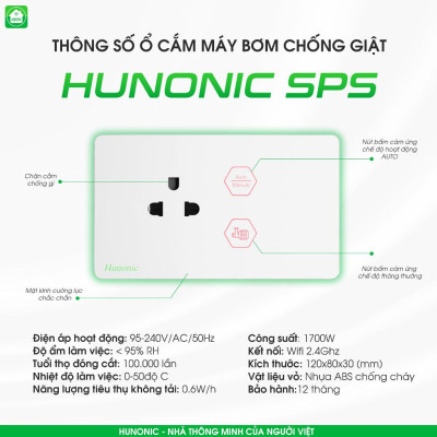 Ổ Cắm Chống Giật Hunonic SPS Bật tắt Máy Bơm, quản lý, mô phỏng lượng nước trên điện thoại