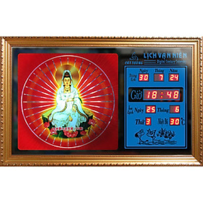 Đồng hồ Lịch Vạn Niên tranh đèn treo tường hiệu Cát Tường_tranh Quan Thế Âm Bồ Tát (hào quang) 55606_KT 55x35x7cm_Có 2 loại (Không remote đèn và Có remote đèn)