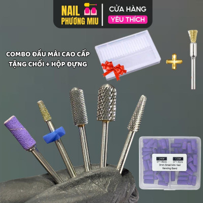 Combo 5 Đầu Mài Titan Cao Cấp Tặng Chổi, Tặng Hộp Đựng Đầu Mài, Kèm 50 Nhám Tím Mini 120/240 Làm Nail PHƯƠNG MIU, Đầu Mài Mịn