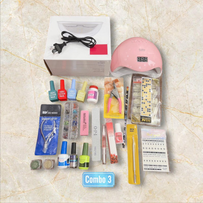 Combo Dụng Cụ Làm Nail Cá Nhân Số 3, Bộ Phụ Kiện Cơ Bản Cho Học Viên Tại Nhà, Gồm Máy Hơ Sun 5, Sơn 4 Màu, Bút Chấm Đá Nữ