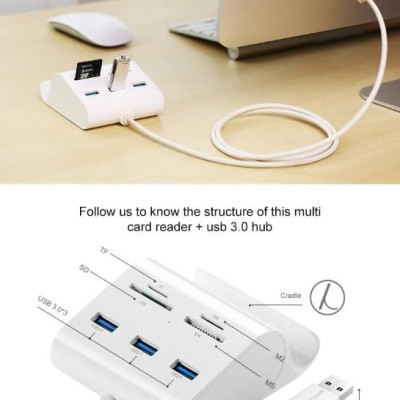 Ugreen UG30344US156TK 1M màu Trắng Bộ chia HUB USB 3.0 sang 3 USB 3.0 + đọc thẻ TF SD MS M2 có khay đỡ hỗ trợ nguồn 5V - HÀNG CHÍNH HÃNG