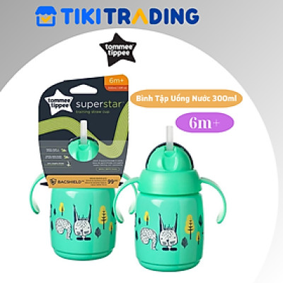 Bình Tập Uống Nước Có Ống Hút Đáy Nặng Kháng Khuẩn Chống Tràn Cho Bé Tommee Tippee Superstar 300ml, Từ 6 Tháng - Xanh Lá