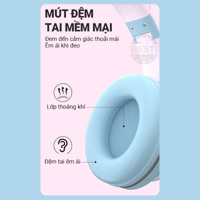 Tai Nghe Chụp Tai Bluetooth Không Dây Gaming, Tai Nghe Mèo Bluetooth Chụp Tai Có Mic Đàm Thoại Tiện Lợi, Tai Nghe Bluetooth Có Đèn LED , Pin Cực Khỏe Bluetooth 5.1 Cao Cấp - Hàng Chính Hãng Besti