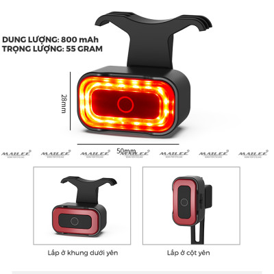 Đèn Sau Xe Đạp Có Cảm Biến Phanh và Chuyển động A07, 16 bóng LED, 7 chế độ sáng, tự động tắt khi không sử dụng, 800 mAH, sử dụng lên đến 35h - Mai Lee