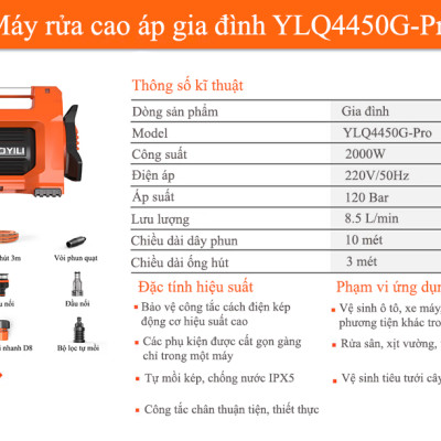 Máy Phun Xịt Rửa Xe Cao Áp YILI YLQ4450G-Pro Công Suất 2000W – Hàng Chính Hãng