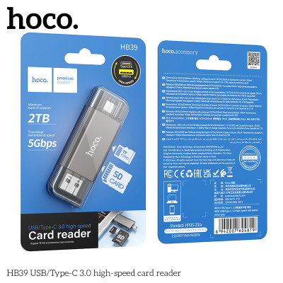 Đầu đọc thẻ nhớ đa năng chuẩn 3.0 hai đầu kết nối Usb và type C cho điện thoại laptop hoco HB39 _  hàng chính hãng