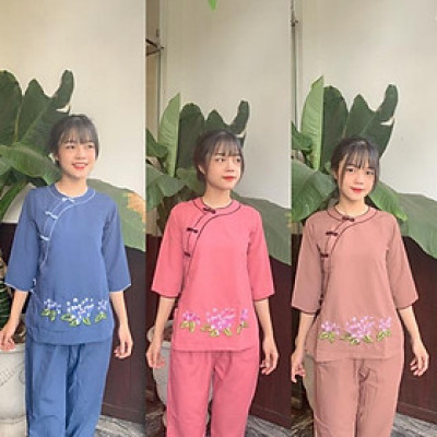 Áo lam đi chùa_ viền cổ tròn bông thêu