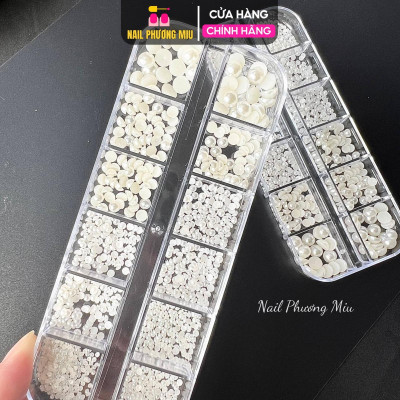 Khay Ngọc Tròn Hạt Trai Nửa Mix Trắng Ngà Làm Nail, Khay Nhựa 12 Ô Chia Nhiều Size Trang Trí Móng Tay Chân Làm Móng Chuyên Nghiệp Nữ Women