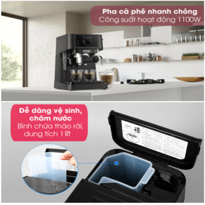 Máy pha cà phê Delonghi EC235.BK công suất 1100W, pha Espresso đánh bọt sữa capuchino, latte - Hàng nhập khẩu