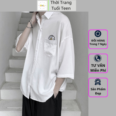 Áo Sơ Mi Form Rộng Vải Lụa Có TÚI HOA CÚC Tay Ngắn Màu Trắng Đen OVERSIZE Nam Nữ Chuẩn Form Hàn Quốc - SMN03