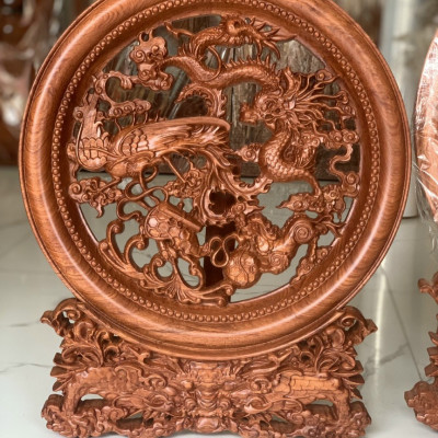 Đĩa trang trí phong thủy trạm khắc tứ linh bằng gỗ hương đá kt mặt rộng 50×4,5cm