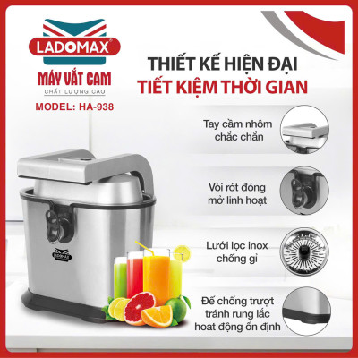 Máy Vắt Cam 2 Đầu Ép LADOMAX HA-938 dành cho quán công suất 1060W motor đồng-Hàng chính hãng