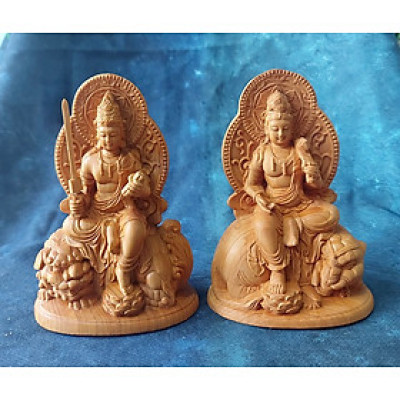 Bộ tượng Phật Văn Thù Bồ Tát và Phổ Hiền Bồ Tát bằng gỗ Bách Nhai - V660