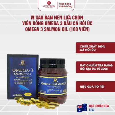 Viên uống Omega 3 dầu cá Hồi nhập khẩu chính hãng Úc OMEGA 3 SALMON OIL (180 viên) hỗ trợ giảm mỡ máu, giảm nguy cơ xơ vữa động mạch, cung cấp các chất dinh dưỡng cần thiết cho não bộ, tốt cho mắt