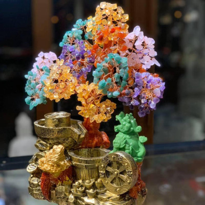 Cây Tài Lộc với tiểu cảnh thiềm thừ cóc ngậm tiền và tỳ hưu phong thủy đá thạch anh ngũ sắc - Cao 30 cm